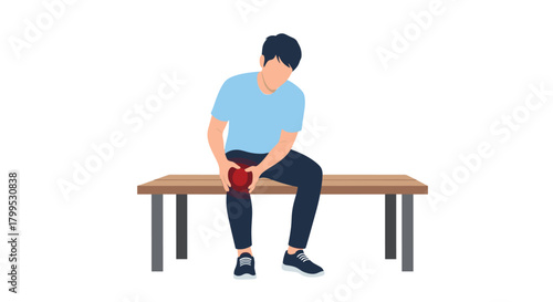 Knee pain from sports injury sitting on bench, seeking relief and medical attention for joint discomfort and potential recovery