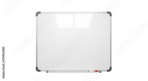 A clean and empty silver framed whiteboard with a marker tray isolated on transparent background