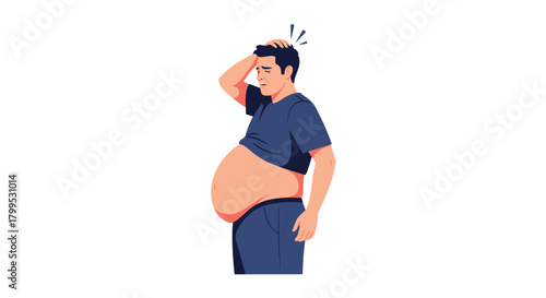 Worried man with bloated belly feeling unwell needs relief from discomfort and bloating symptoms seeking healthcare and wellness solutions
