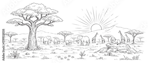 A black and white drawing of a savanna with a tree in the foreground and a sun in the background