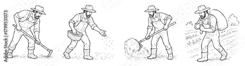 A man is shown in four different positions, all of which are related to farming. The first man is shown using a shovel to dig a hole, while the second man is shown using a rake to gather leaves