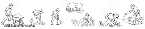 A series of black and white drawings of men working in the fields. The drawings are of different ages and stages of work, from digging to planting. Scene is one of hard work and dedication to the land