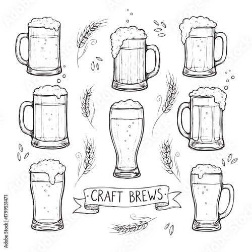 A black and white drawing of six beer mugs with a banner underneath that says "Craft Brews"
