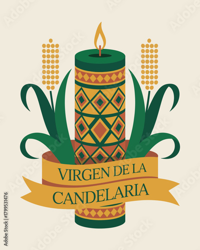 Virgen de la Candelaria Festival Illustration with Candle and Floral Elements