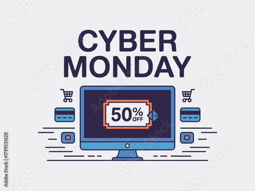 Cyber Monday Sale 50% Off with Computer and Gift Boxes