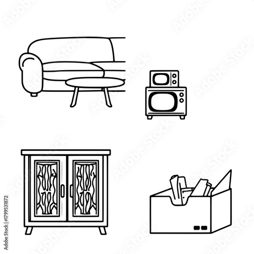 “Create a clean, bold-line illustration in four quadrants. Feature a rounded sofa, a small appliance table, a patterned wooden cabinet, and an office-supply box. Apply flat black outlines and white fi