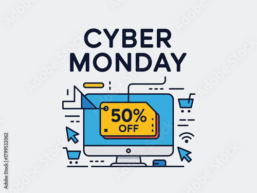 Cyber Monday Sale 50% Off with Computer and Gift Boxes