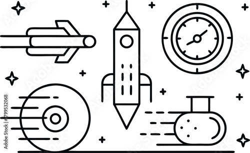 Space exploration and science icons in a clean line art style