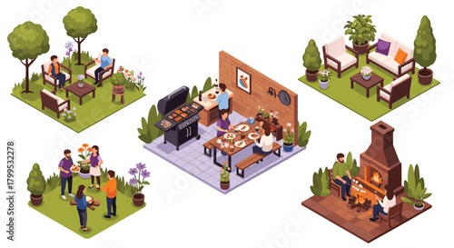 Gather friends and family for an outdoor celebration with vibrant isometric illustrations of grilling, dining, and relaxing in the backyard