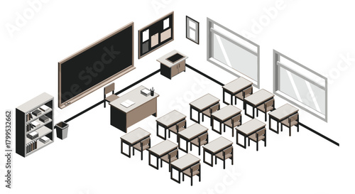 Isometric classroom scene ready for students to learn in a modern setting with desks, chalkboard, and bookcase ready for a vibrant school year
