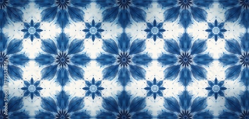Seamless indigo blue floral pattern with watercolor texture. Tie-dye flower motifs repeat on white fabric, creating abstract design. Modern artwork suits fashion textiles, wallpaper, stylish summer