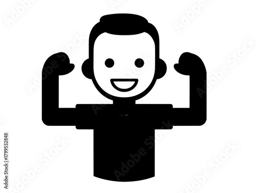 Kawaii muscle bro: circular pose & grin, red-black blocks—great splash mascot, boost popup, badge, sticker, Apple Watch face