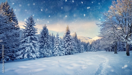 Wallpaper Mural Winter Snowy Landscape With Trees Covered In Snow Snowflakes Falling Background Torontodigital.ca
