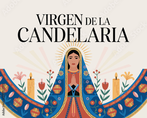 Virgen de la Candelaria with Traditional Candles and Floral Design