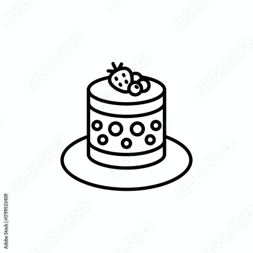 Stylized baked good icon on a plate, portraying a scrumptious fruit-topped dessert prepared with care