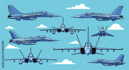 Dynamic collection of fighter jets soaring through a clear blue sky with fluffy clouds ideal for aviation enthusiasts and military history buffs