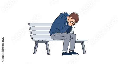 Young man overwhelmed with emotion, sits alone on park bench crying, illustrating stress, sadness, and mental health challenges affecting youth today