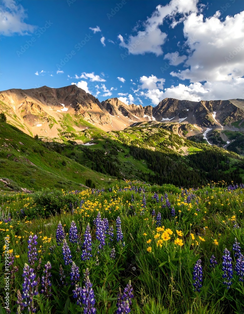 Obraz premium A vibrant mountain scene with flowering meadow and peaks under a bright, partly cloudy sky