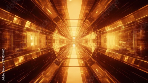 Fototapeta Naklejka Na Ścianę i Meble -  Futuristic golden light tunnel perspective with abstract technology