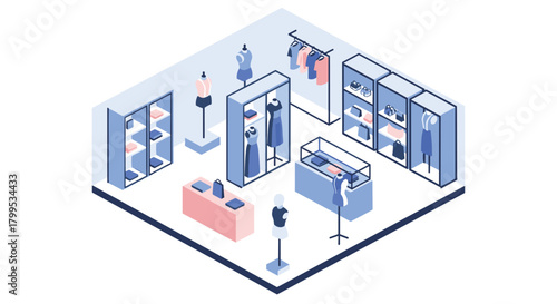 Chic isometric clothing boutique with elegant displays and fashionable apparel for modern retail business concepts and store designs inspiration