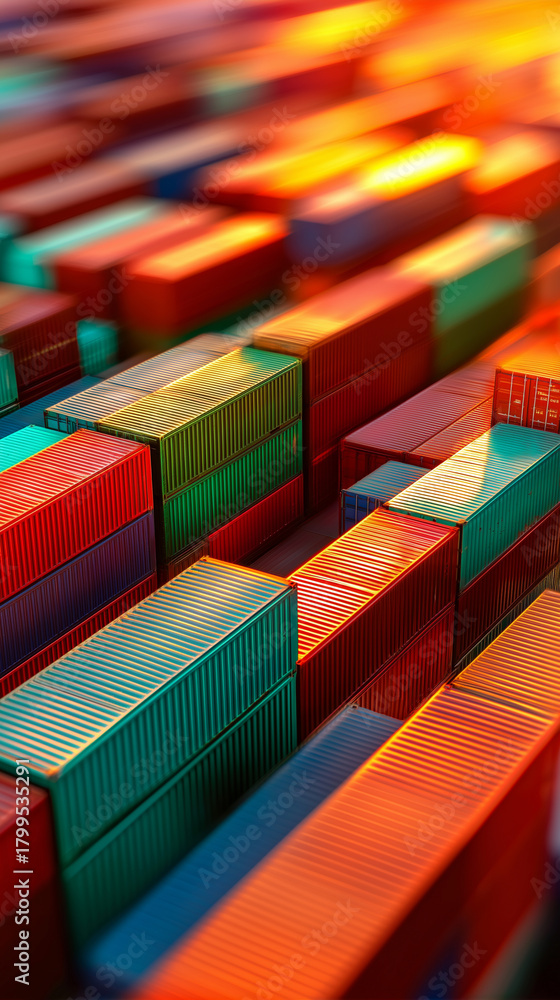 Fototapeta premium Colorful shipping containers are arranged in rows under warm sunlight. 