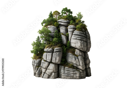 Detailed 3D Rendered Mountain Peak With Lush Green Trees and Moss on Jagged Grey Rocks Against Transparent Background