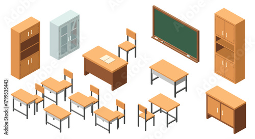 Classroom furnishings for immersive learning environments and educational resources, a school interior with desks, chairs, board and storage