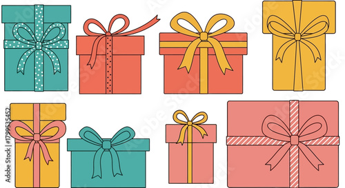 A vibrant collection of beautifully wrapped gift boxes in various sizes and festive colors, adorned with elegant bows, perfect for celebrating special occasions and holidays.
