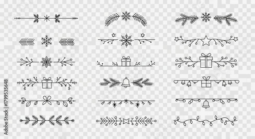 A charming collection of hand-drawn Christmas and winter-themed decorative dividers and borders, perfect for festive graphic design projects and holiday season invitations.