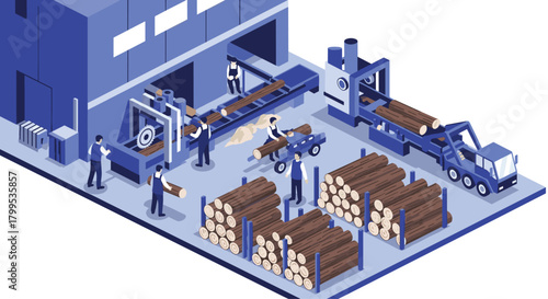Isometric illustration of a modern lumber mill with diligent workers processing timber logs for construction projects and sustainable forestry