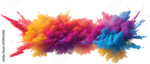 High-Energy Multicolor Powder Explosion with Rich Pink Blue and Yellow Smoke Clouds Swirling Dramatically in Air Over Clean White Background for Trendy Abstract Posters Festival Visuals