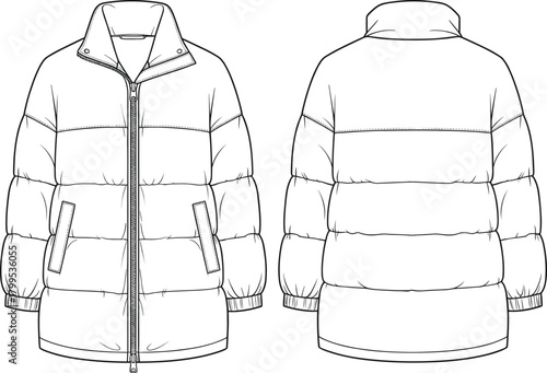 Puffer jacket technical flat sketch front and back view, winter coat CAD drawing, fashion outerwear design vector, clothing illustration template