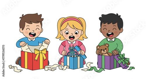 Three cheerful diverse children happily unwrap their vibrant birthday or holiday gifts, revealing exciting toys and expressing pure delight.
