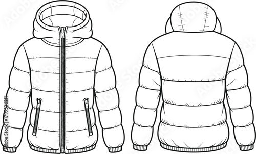 Puffer jacket technical flat sketch, hooded winter coat front and back view, clothing design outline, fashion cad drawing vector illustration