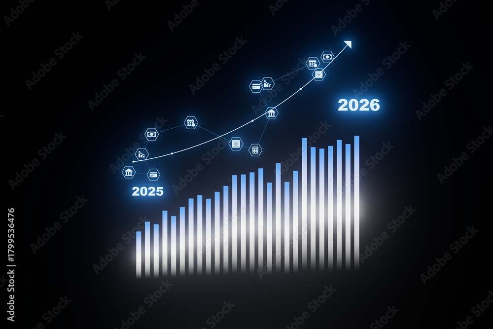 Naklejka premium Future growth predictions for artificial intelligence from 2025 to 2026 with data visualization representation