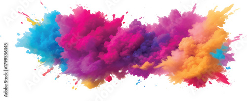 Bright Pink Blue and Yellow Powder Blast Forming a Surreal Multicolor Cloud of Smoke Over White Background Ideal for Festival Concepts Holi Artwork Color Explosion Advertising