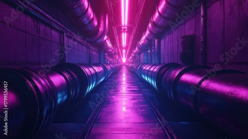 Futuristic cyberpunk tunnel with neon light pipes