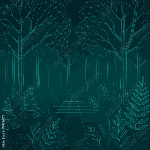 Geometric wireframe forest scene with stylized trees and plants in teal hues