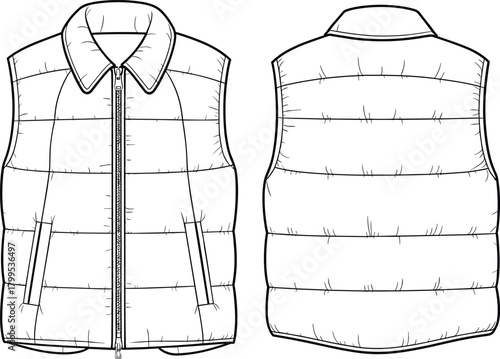 Puffer vest with collar technical flat sketch, front and back view, winter outerwear vector template, fashion CAD drawing illustration design