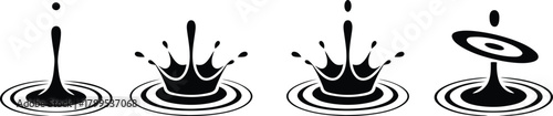 Dynamic Water Splash and Droplet Icon Set. Impact, Ripple, and Liquid Motion Effects. Liquid Drop Hitting a Surface, Creating a Concentric Ripples.