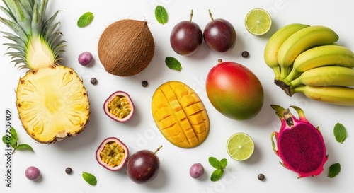 Fototapeta Naklejka Na Ścianę i Meble -  A colorful arrangement of tropical fruits on a white background.