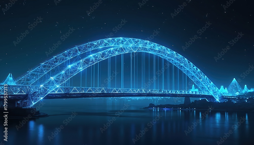 Obraz premium Digital bridge with glowing blue lines over dark water at night. Futuristic structure symbolizes connection and technology. City lights shimmer across the bay.