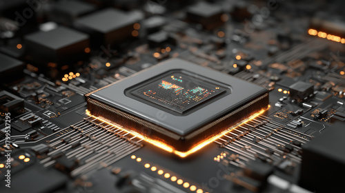 Ultra-detailed quantum processor core with floating luminous qubits above a metallic microchip surface inside a highly advanced computing chamber