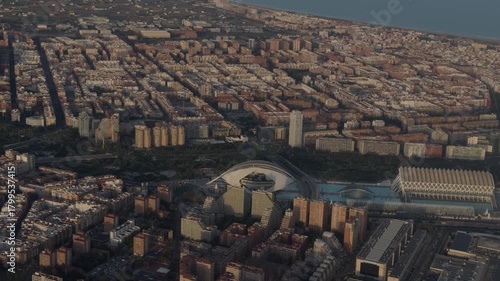 Aerial panorama of Valencia city with stadium and sea