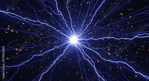 A blue and purple lightning bolt with sparks in the background.