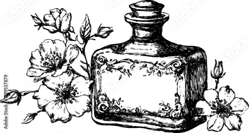 Vintage bottle with flowers in a detailed engraving style. Elegant floral design creates a nature-inspired vector illustration set for decor.