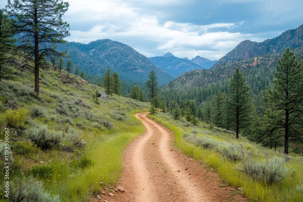 Fototapeta premium Winding dirt road through mountain forest valley
