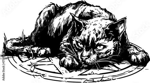 Vintage line drawing of a cat in an outline style. The black and white illustration captures the cat lounging in a curious position. Vector illustration.