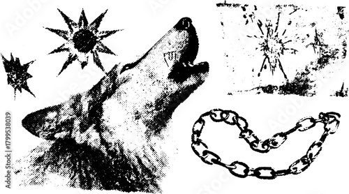 Wolf howling with a chain and stars in a black and white vector illustration. This graphic design features a nature theme with an abstract style.