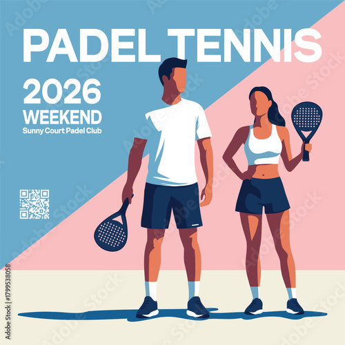 Vector illustration of a vibrant advertisement, poster, or invitation to a padel tennis club for the weekend of 2026. A man and woman with rackets on a court, ready to play, pink and blue background